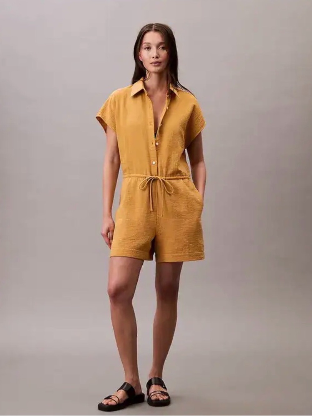Textured Mustard Short Sleeve Romper